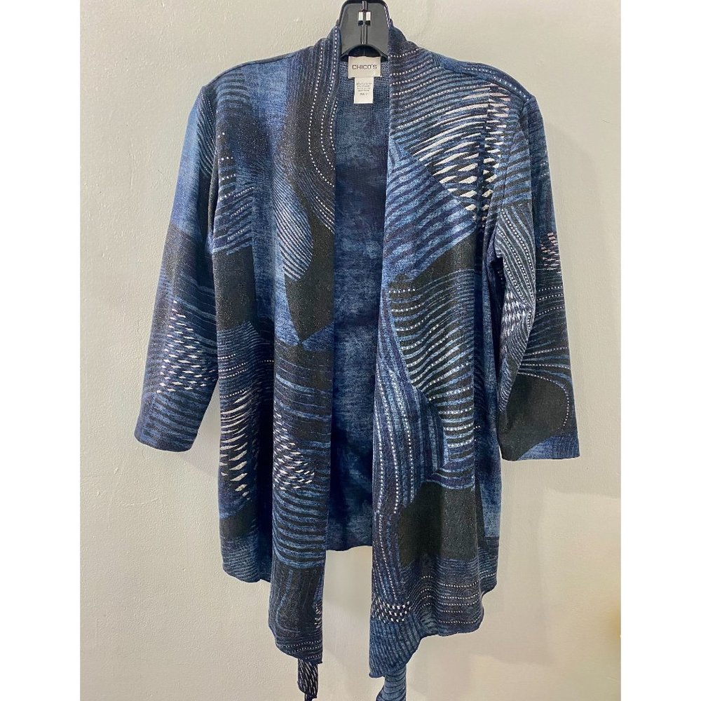 Chico's Blue and Black Open-Front Patterned Cardigan